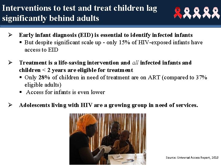 Interventions to test and treat children lag significantly behind adults Ø Early infant diagnosis