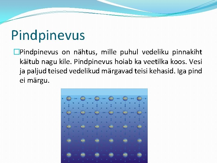 Pindpinevus �Pindpinevus on nähtus, mille puhul vedeliku pinnakiht käitub nagu kile. Pindpinevus hoiab ka