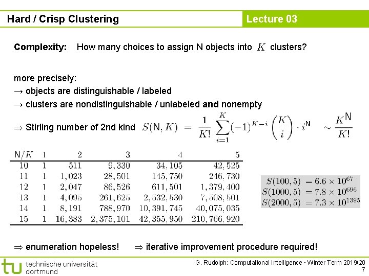 Hard / Crisp Clustering Complexity: Lecture 03 How many choices to assign N objects