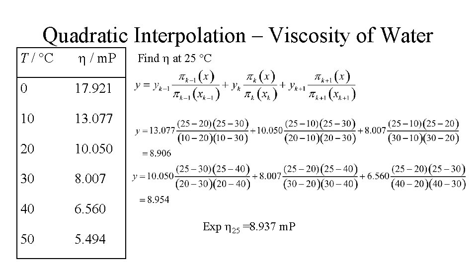 Quadratic Interpolation – Viscosity of Water T / °C / m. P 0 17. Quadratic Interpolation – Viscosity of Water T / °C / m. P 0 17.