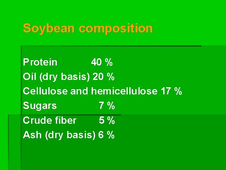 Soybean composition Protein 40 % Oil (dry basis) 20 % Cellulose and hemicellulose 17