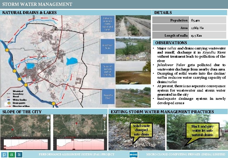 STORM WATER MANAGEMENT NATURAL DRAINS & LAKES DETAILS Population Area Length of nalla 85,