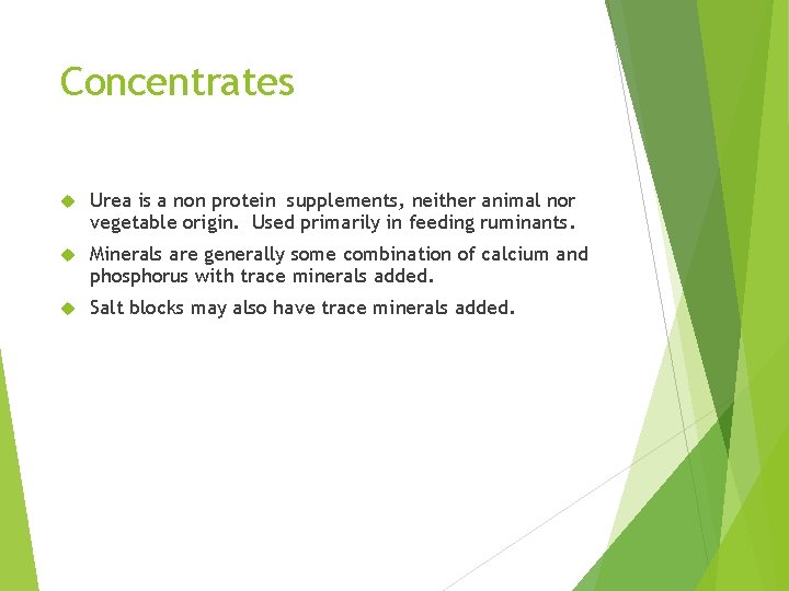 Concentrates Urea is a non protein supplements, neither animal nor vegetable origin. Used primarily