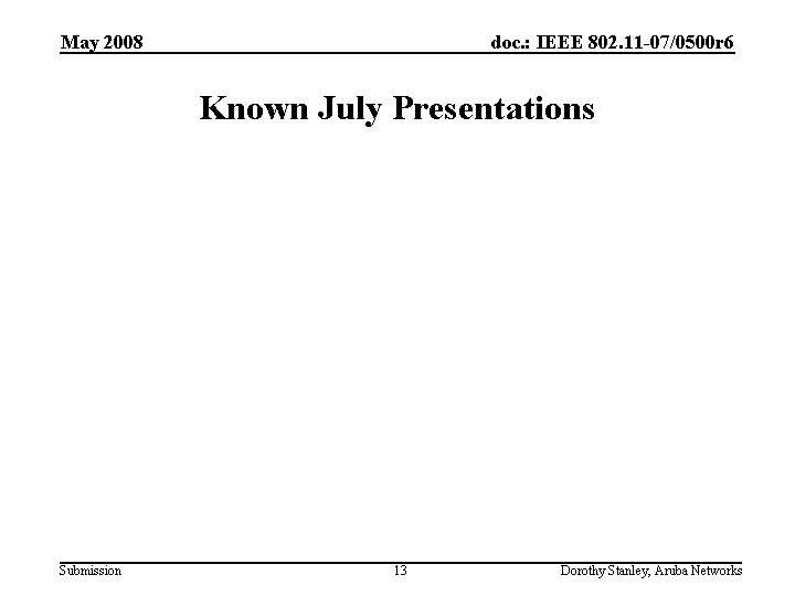 May 2008 doc. : IEEE 802. 11 -07/0500 r 6 Known July Presentations Submission