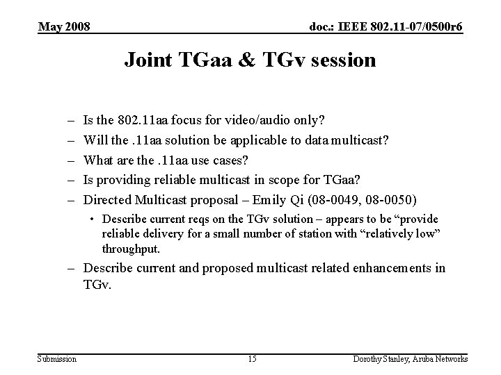 May 2008 doc. : IEEE 802. 11 -07/0500 r 6 Joint TGaa & TGv