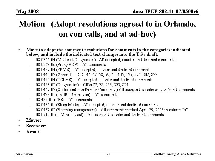 May 2008 doc. : IEEE 802. 11 -07/0500 r 6 Motion (Adopt resolutions agreed