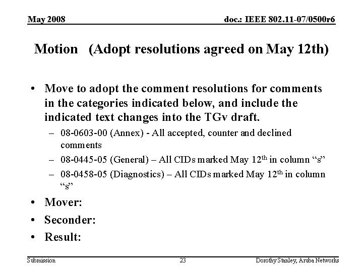 May 2008 doc. : IEEE 802. 11 -07/0500 r 6 Motion (Adopt resolutions agreed