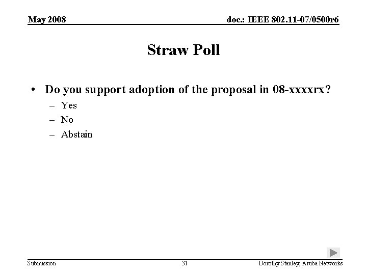 May 2008 doc. : IEEE 802. 11 -07/0500 r 6 Straw Poll • Do