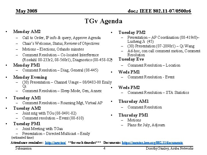 May 2008 doc. : IEEE 802. 11 -07/0500 r 6 TGv Agenda • Monday