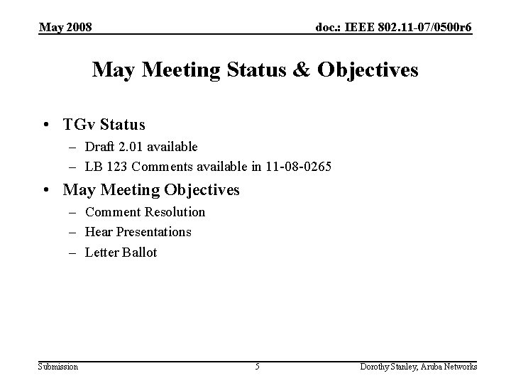 May 2008 doc. : IEEE 802. 11 -07/0500 r 6 May Meeting Status &