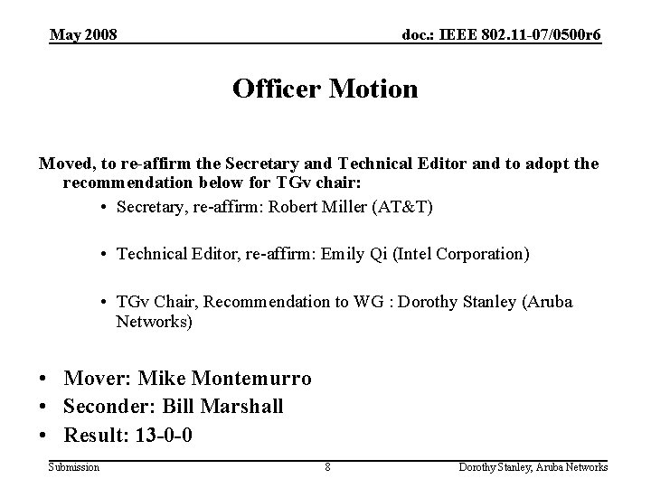 May 2008 doc. : IEEE 802. 11 -07/0500 r 6 Officer Motion Moved, to