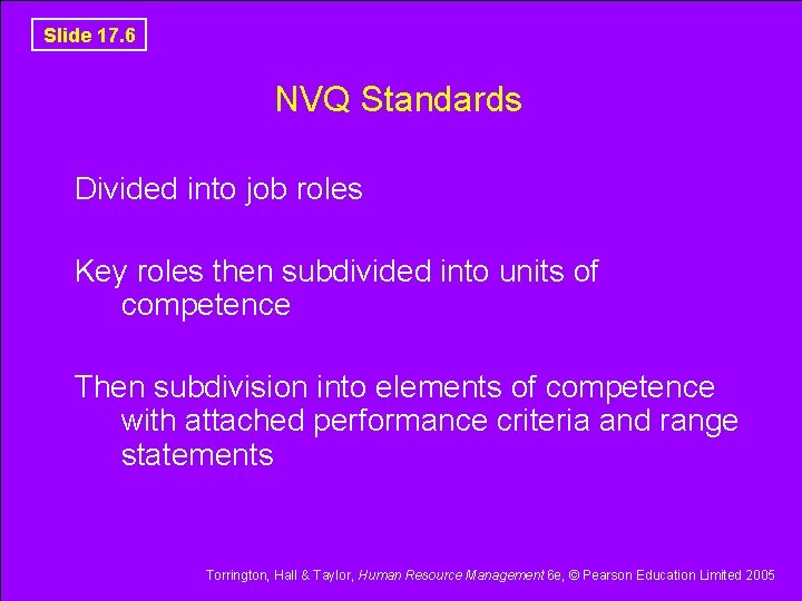 Slide 17. 6 NVQ Standards Divided into job roles Key roles then subdivided into