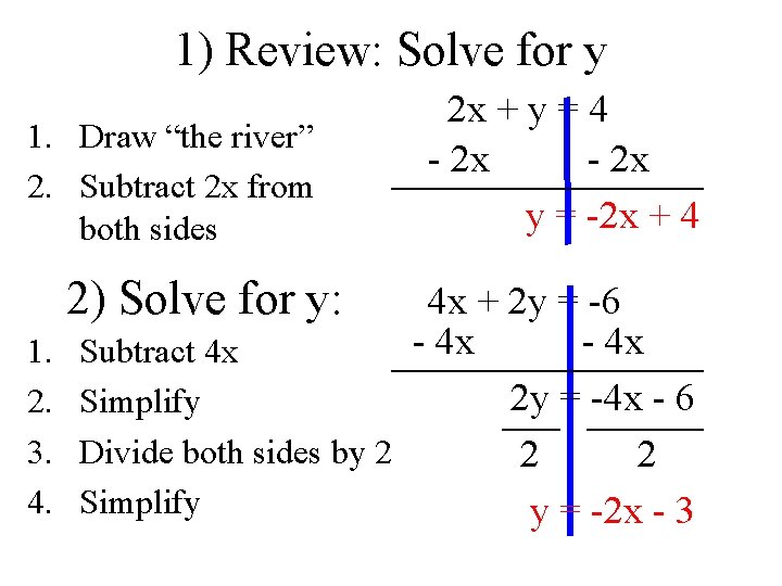 1) Review: Solve for y 1. Draw “the river” 2. Subtract 2 x from