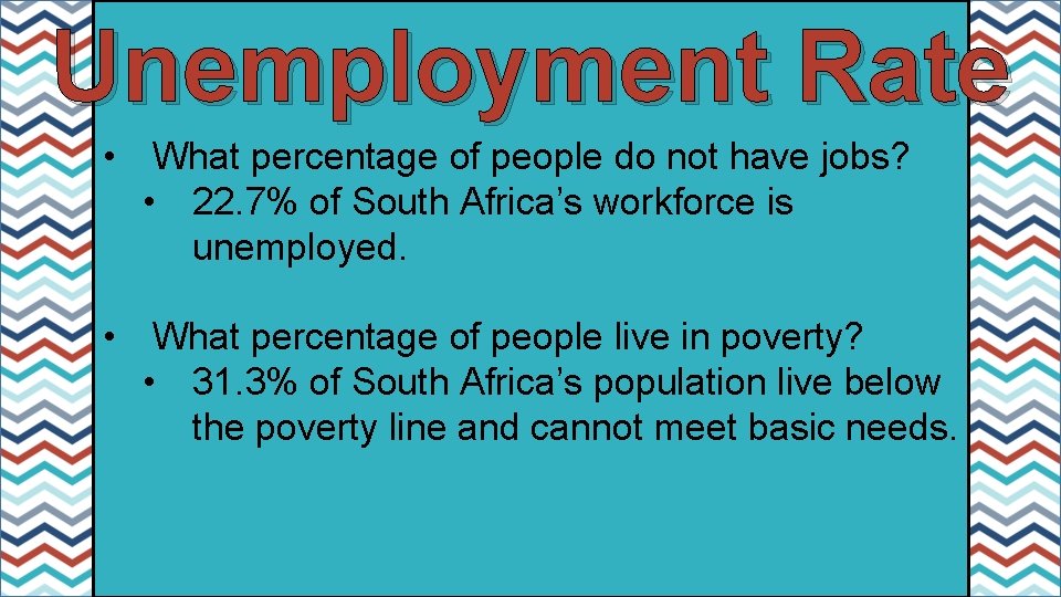 Unemployment Rate • What percentage of people do not have jobs? • 22. 7%