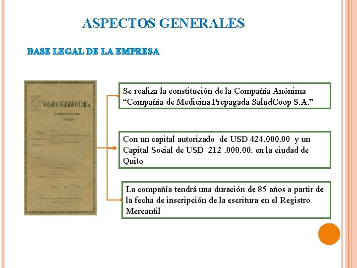 ASPECTOS GENERALES BASE LEGAL DE LA EMPRESA Se realiza la constitución de la Compañía
