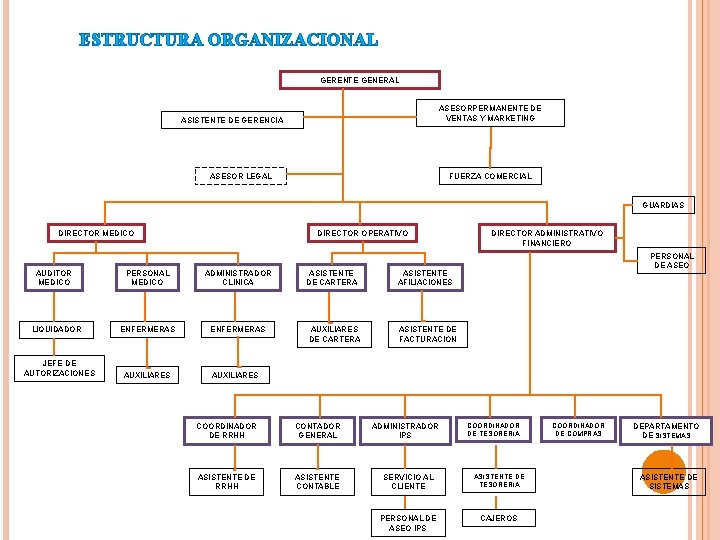 ESTRUCTURA ORGANIZACIONAL GERENTE GENERAL ASESORPERMANENTE DE VENTAS Y MARKETING ASISTENTE DE GERENCIA ASESOR LEGAL