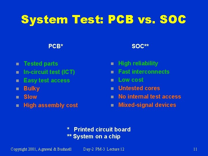 System Test: PCB vs. SOC PCB* n n n SOC** Tested parts In-circuit test