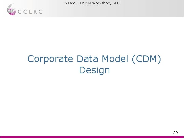 6 Dec 2005 KM Workshop, SLE Brian Matthews Corporate Data Model (CDM) Design 20 6 Dec 2005 KM Workshop, SLE Brian Matthews Corporate Data Model (CDM) Design 20