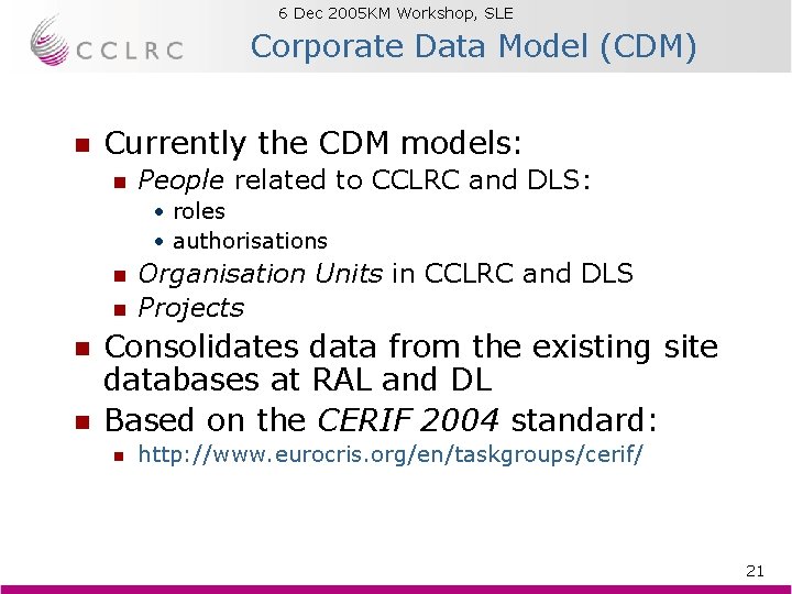 6 Dec 2005 KM Workshop, SLE Brian Matthews Corporate Data Model (CDM) n Currently 6 Dec 2005 KM Workshop, SLE Brian Matthews Corporate Data Model (CDM) n Currently