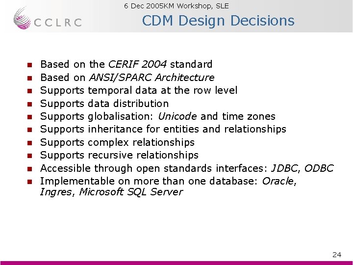 6 Dec 2005 KM Workshop, SLE Brian Matthews CDM Design Decisions n n n 6 Dec 2005 KM Workshop, SLE Brian Matthews CDM Design Decisions n n n