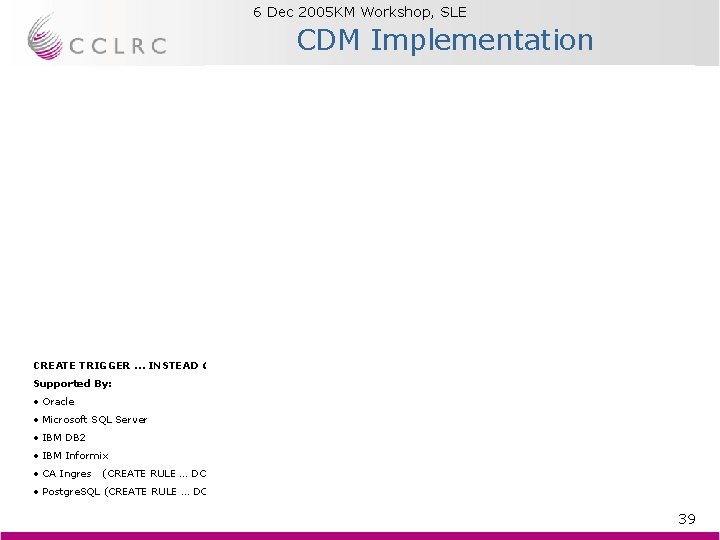 6 Dec 2005 KM Workshop, SLE Brian Matthews CDM Implementation CREATE TRIGGER … INSTEAD 6 Dec 2005 KM Workshop, SLE Brian Matthews CDM Implementation CREATE TRIGGER … INSTEAD