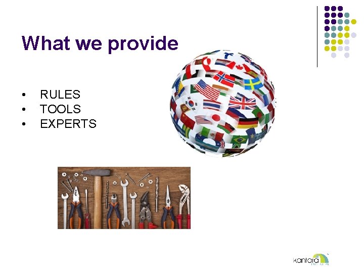 What we provide • • • RULES TOOLS EXPERTS 