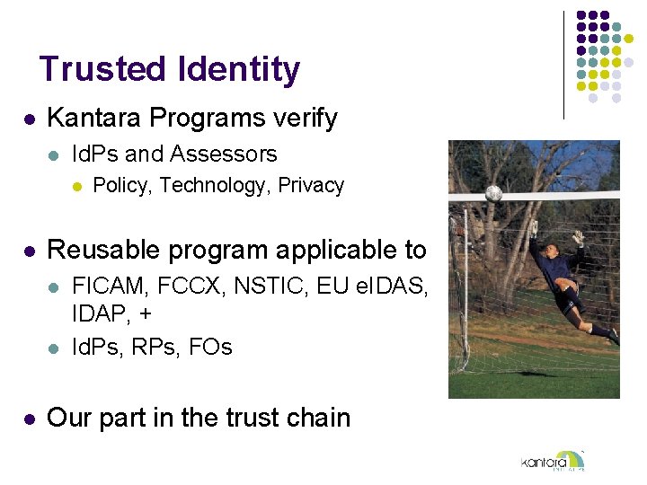 Trusted Identity l Kantara Programs verify l Id. Ps and Assessors l l Reusable
