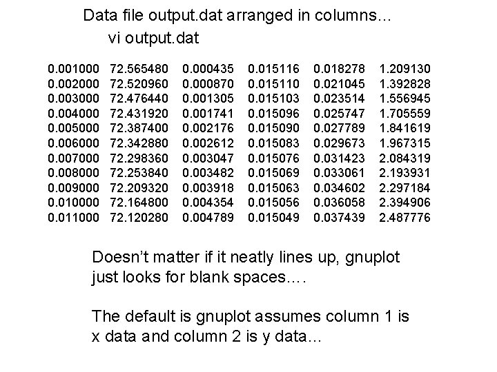 Data file output. dat arranged in columns… vi output. dat 0. 001000 0. 002000