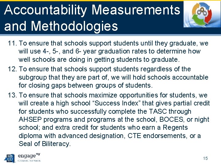 Accountability Measurements and Methodologies 11. To ensure that schools support students until they graduate,