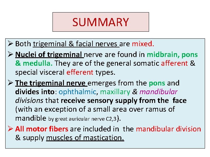 SUMMARY Ø Both trigeminal & facial nerves are mixed. Ø Nuclei of trigeminal nerve