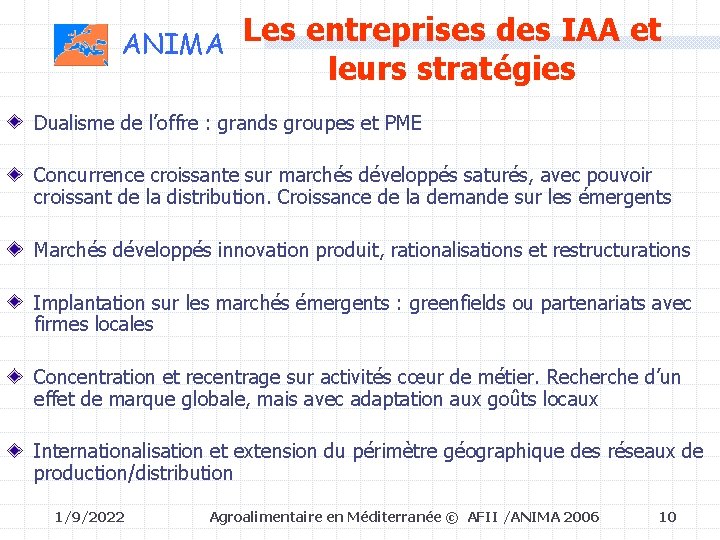 ANIMA Les entreprises des IAA et leurs stratégies Dualisme de l’offre : grands groupes