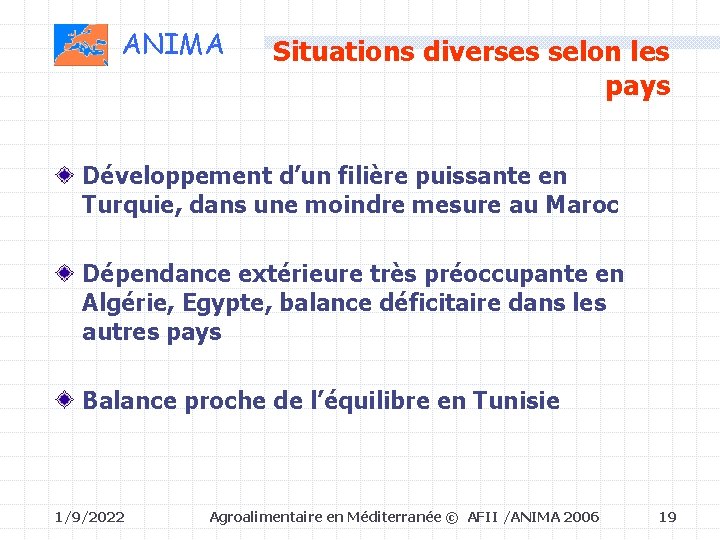 ANIMA Situations diverses selon les pays Développement d’un filière puissante en Turquie, dans une