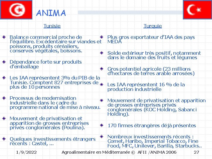 ANIMA Tunisie Turquie Balance commercial proche de l’équilibre. Excédentaire sur viandes et poissons, produits