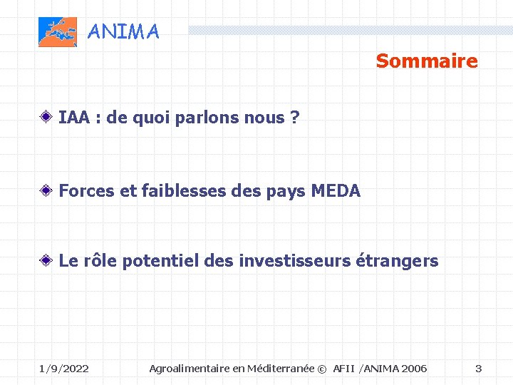 ANIMA Sommaire IAA : de quoi parlons nous ? Forces et faiblesses des pays