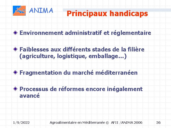 ANIMA Principaux handicaps Environnement administratif et réglementaire Faiblesses aux différents stades de la filière