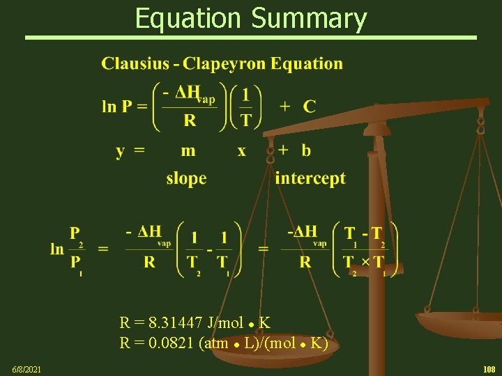 Equation Summary R = 8. 31447 J/mol K R = 0. 0821 (atm L)/(mol