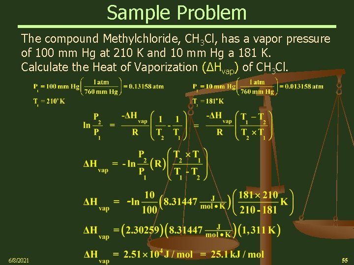 Sample Problem The compound Methylchloride, CH 3 Cl, has a vapor pressure of 100