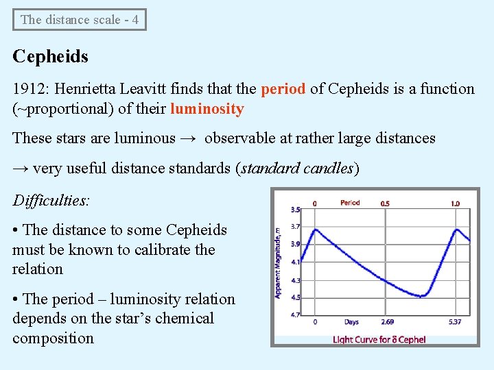 The distance scale - 4 Cepheids 1912: Henrietta Leavitt finds that the period of