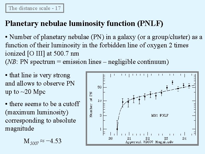 The distance scale - 17 Planetary nebulae luminosity function (PNLF) • Number of planetary