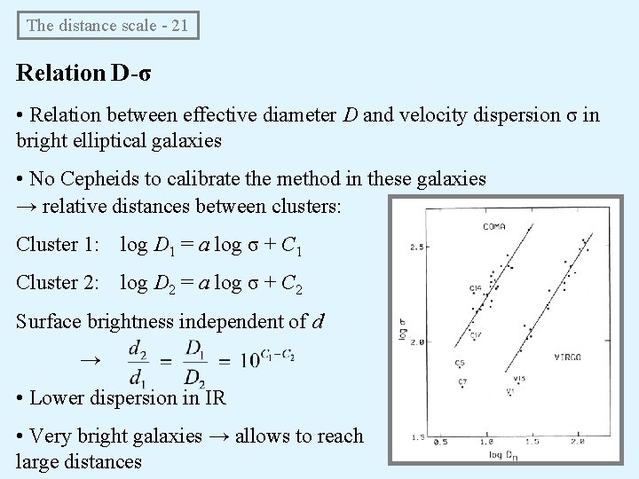The distance scale - 21 Relation D-σ • Relation between effective diameter D and
