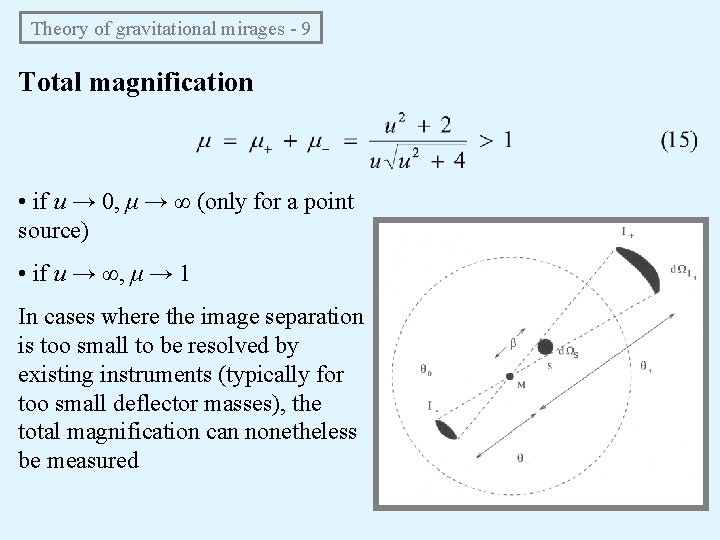 Theory of gravitational mirages - 9 Total magnification • if u → 0, μ
