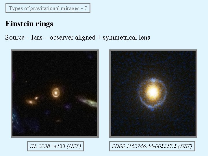 Types of gravitational mirages - 7 Einstein rings Source – lens – observer aligned