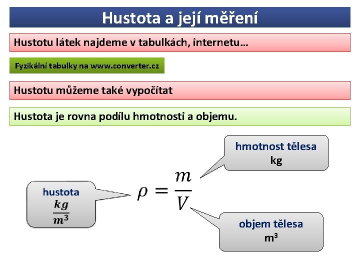 Hustota a její měření Hustotu látek najdeme v tabulkách, internetu… Fyzikální tabulky na www.