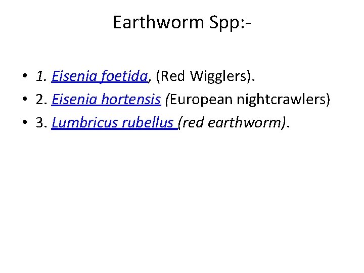 Earthworm Spp: • 1. Eisenia foetida, (Red Wigglers). • 2. Eisenia hortensis (European nightcrawlers)