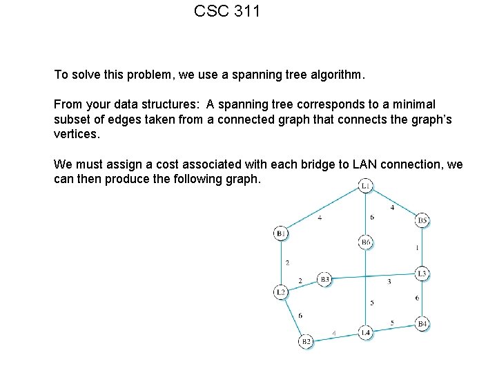 CSC 311 To solve this problem, we use a spanning tree algorithm. From your