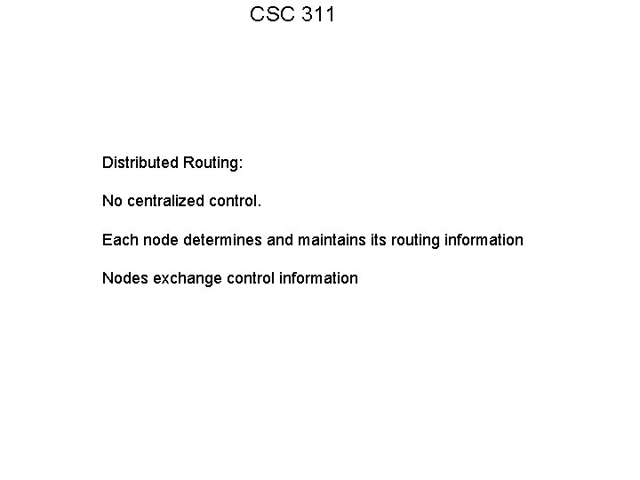 CSC 311 Distributed Routing: No centralized control. Each node determines and maintains its routing