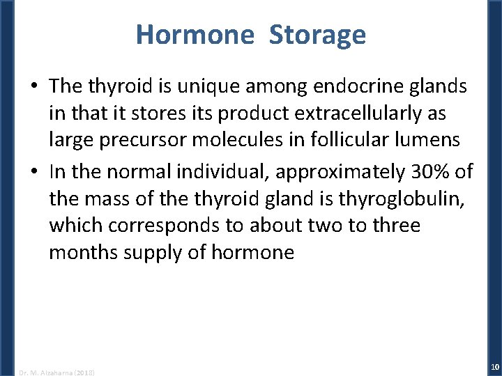 Hormone Storage • The thyroid is unique among endocrine glands in that it stores