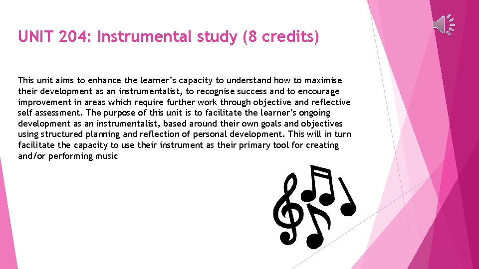 UNIT 204: Instrumental study (8 credits) This unit aims to enhance the learner’s capacity