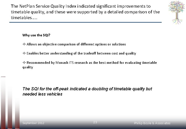 The Net. Plan Service Quality Index indicated significant improvements to timetable quality, and these