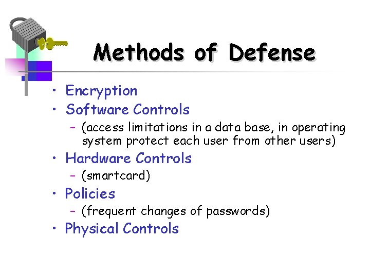 Methods of Defense • Encryption • Software Controls – (access limitations in a data